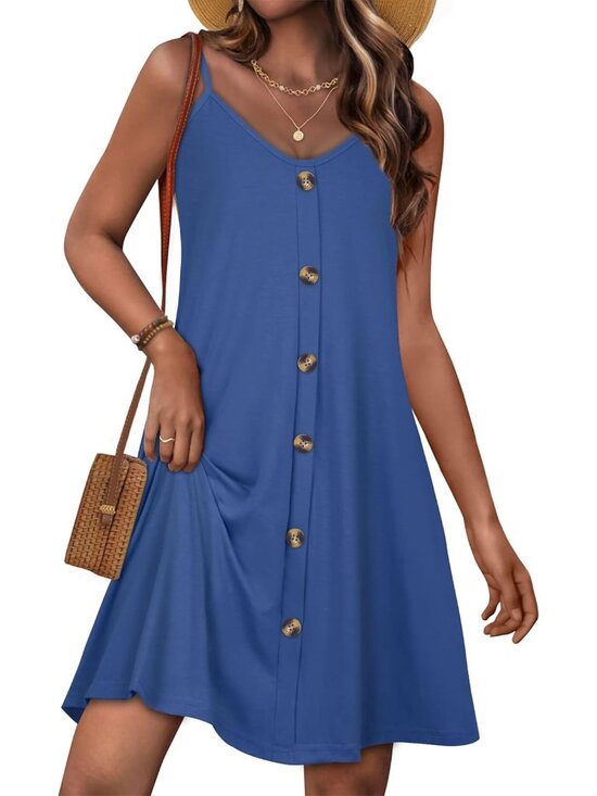 Dresses & Skirts - Women's Blue Summer Dresses Spaghetti Strap Button Down V Neck Sundress Beach